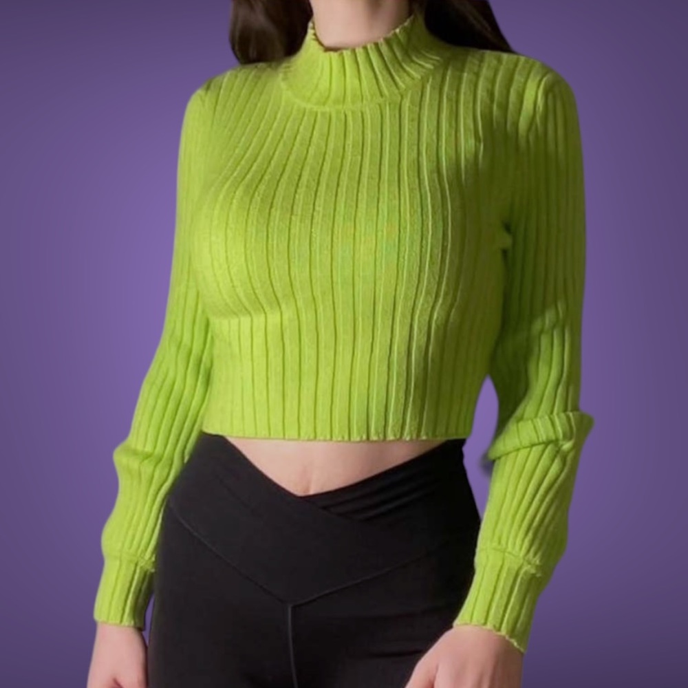 Neon Lime Green Backless Tie Back Cable Knit Cropped Turtleneck Sweater